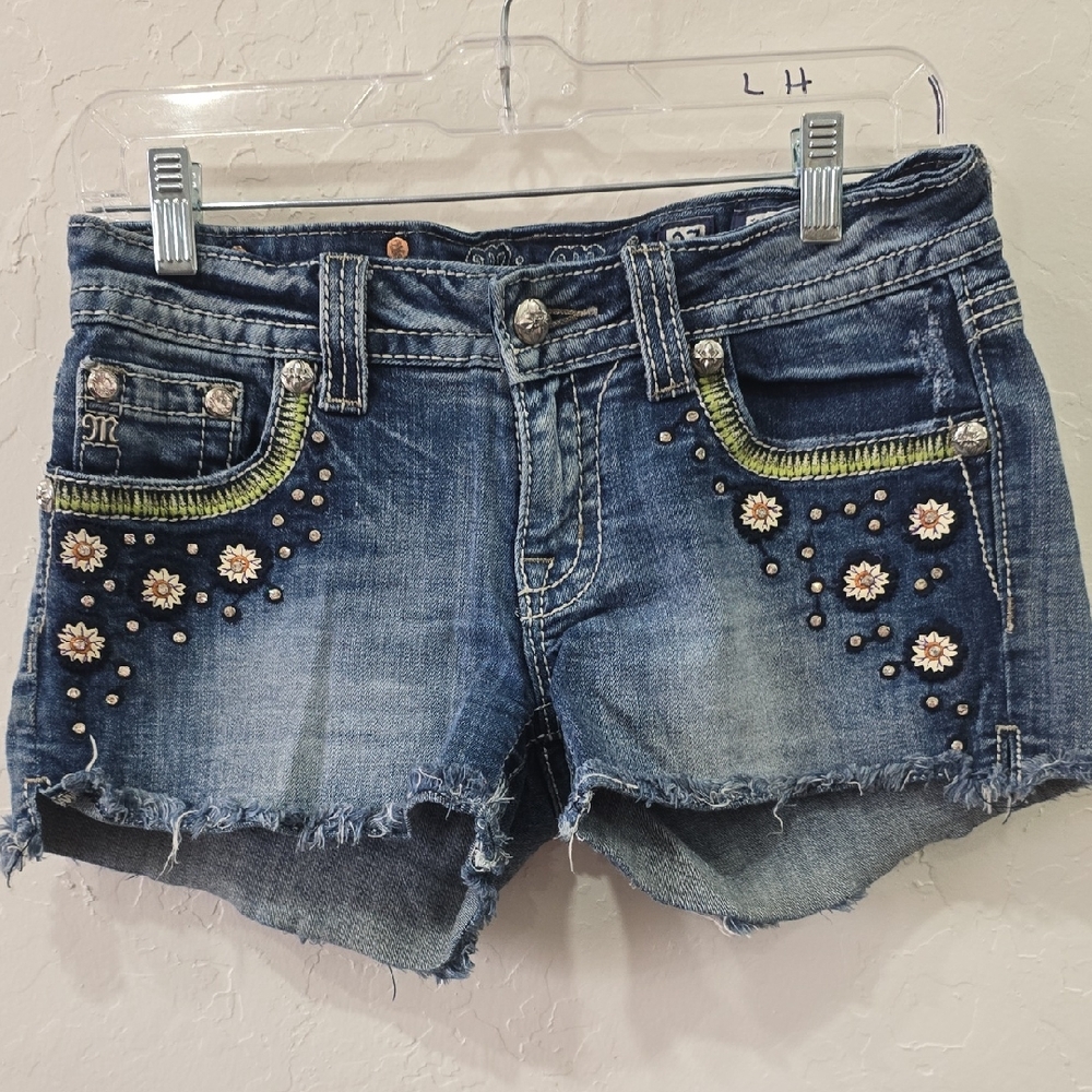 Miss Me Distressed Blue Denim Shorts with Floral Studs